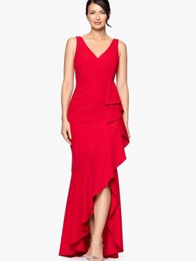 Betsy & Adam Size 8 Red V-Neck High-Low Ruffles Cascade Formal Zip Up Dress